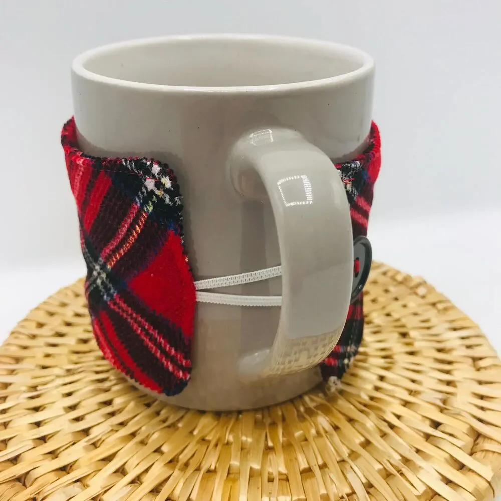 Handmade Mug Cozy, Plaid Corduroy Red Black, Hot Beverage Cozy, Stocking Stuffer
